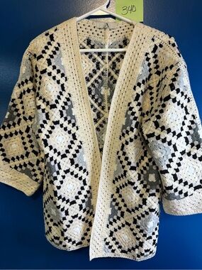 Open-Front Crochet Cardigan Sweater in Black and Cream